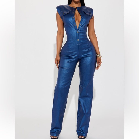 Fashion Nova Pants - Guest List Metallic Jumpsuit - Blue